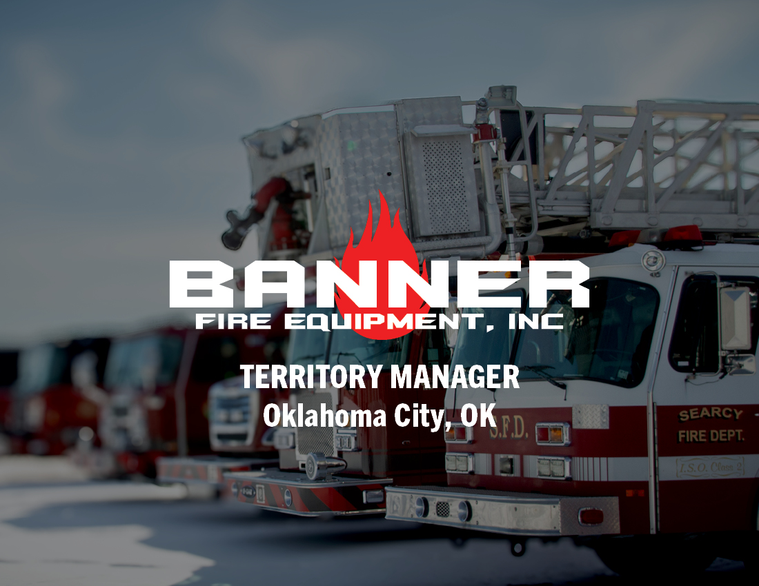 Promotional banner for Banner Fire Equipment, Inc. with a red flame logo and text announcing the Territory Manager in Oklahoma City, OK over a fire truck background.