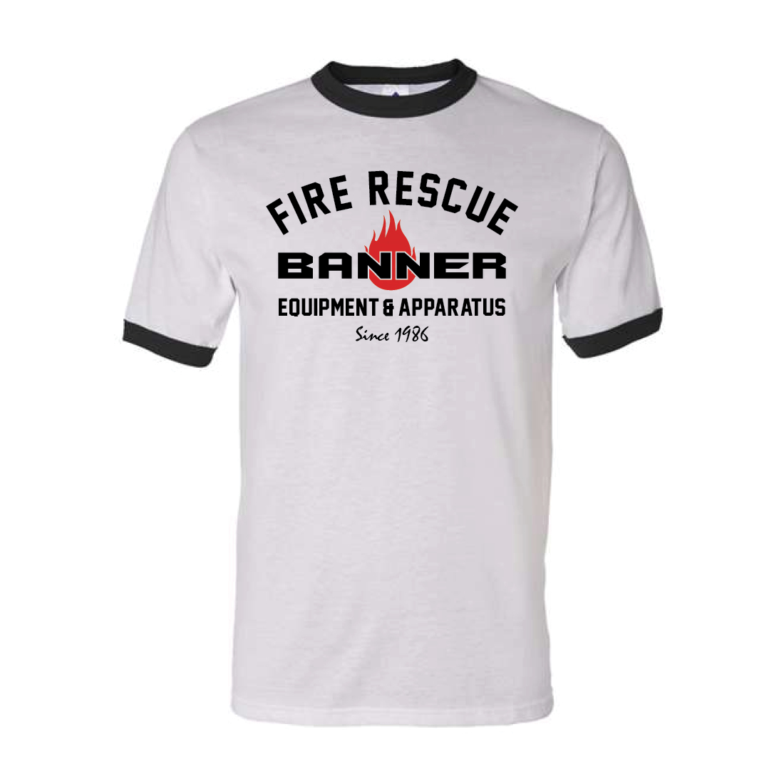 White T-shirt featuring a Fire Rescue Banner logo, black collar and sleeve cuffs, with text 'FIRE RESCUE BANNER' and 'EQUIPMENT & APPARATUS' plus a red flame and 'Since 1986'