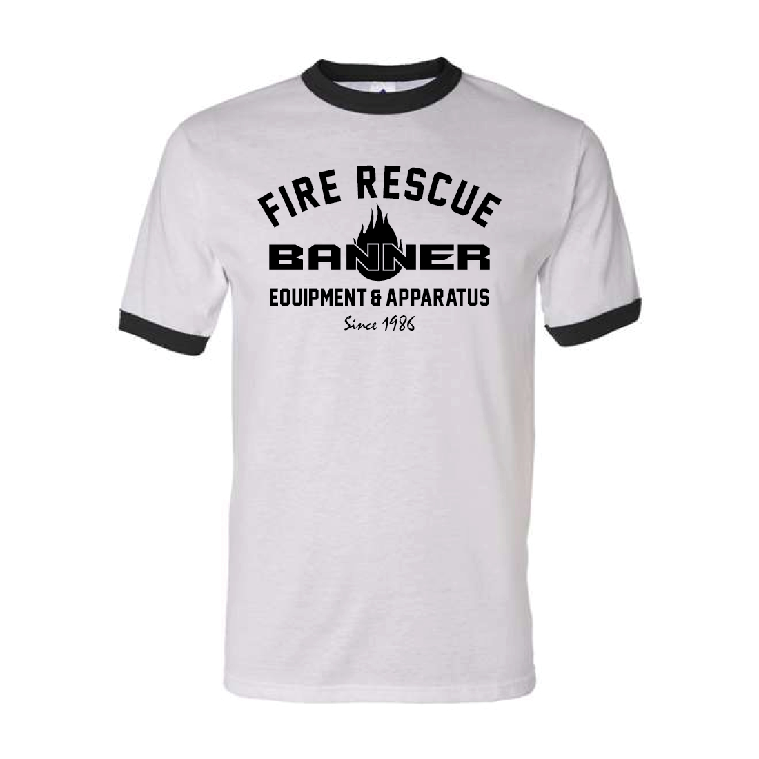 White T-shirt with black collar and cuffs showing a Fire Rescue Banner logo with a flame and the text 'Equipment & Apparatus' and 'Since 1986'.