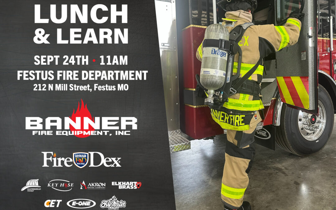 Promotional banner for a 'Lunch & Learn' event by Festus Fire Department, with a firefighter entering a fire engine on the right.