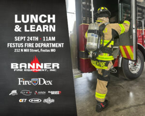 Promotional banner for a 'Lunch & Learn' event by Festus Fire Department, with a firefighter entering a fire engine on the right.