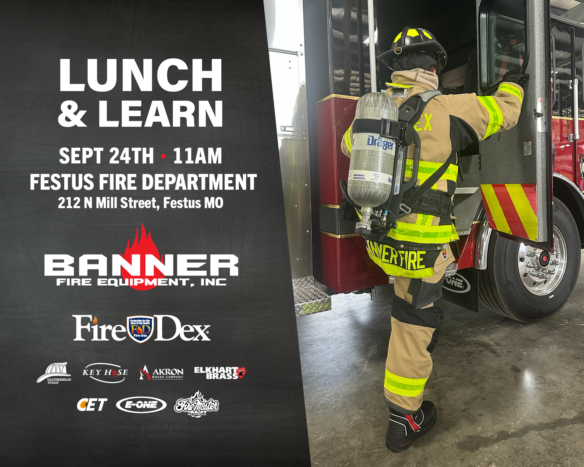 Promotional banner for a 'Lunch & Learn' event by Festus Fire Department, with a firefighter entering a fire engine on the right.