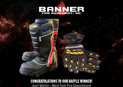 Promotional banner for Banner Fire Equipment, Inc. showing firefighter boots and gloves with a raffle winner message at bottom.